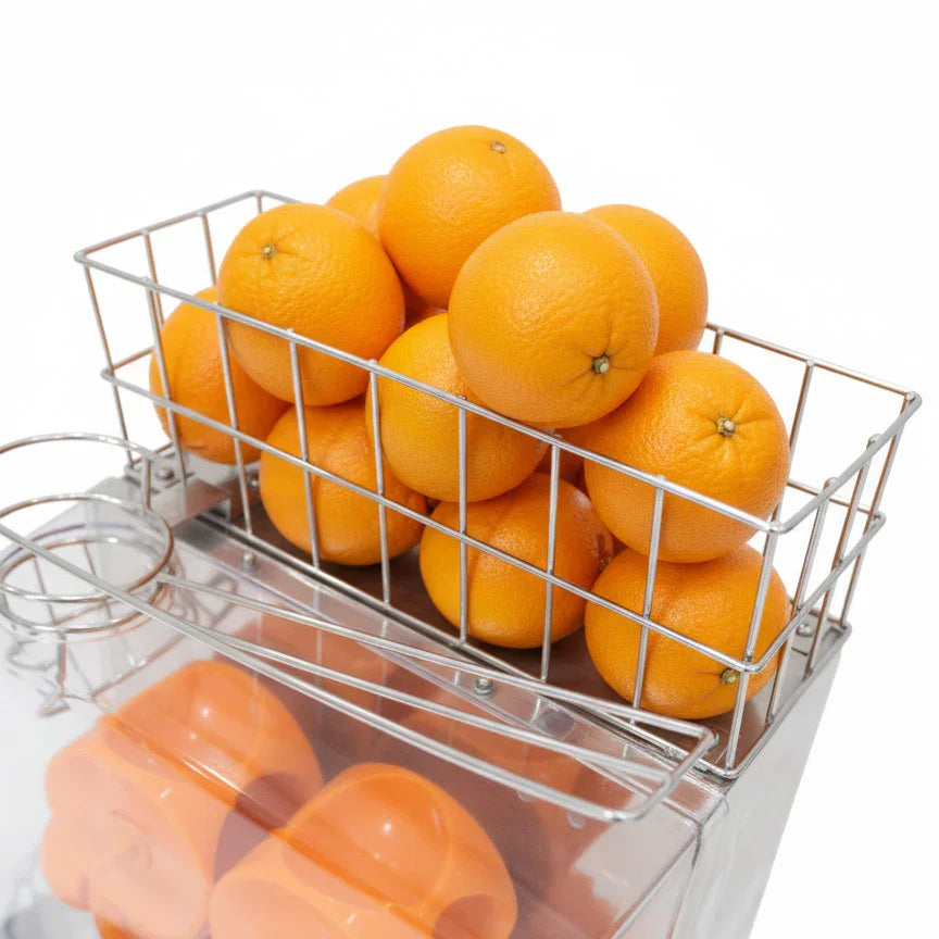 Commercial fruit juicer with a stainless steel basket filled with vibrant, fresh oranges ready for juicing, showcasing its capacity and design