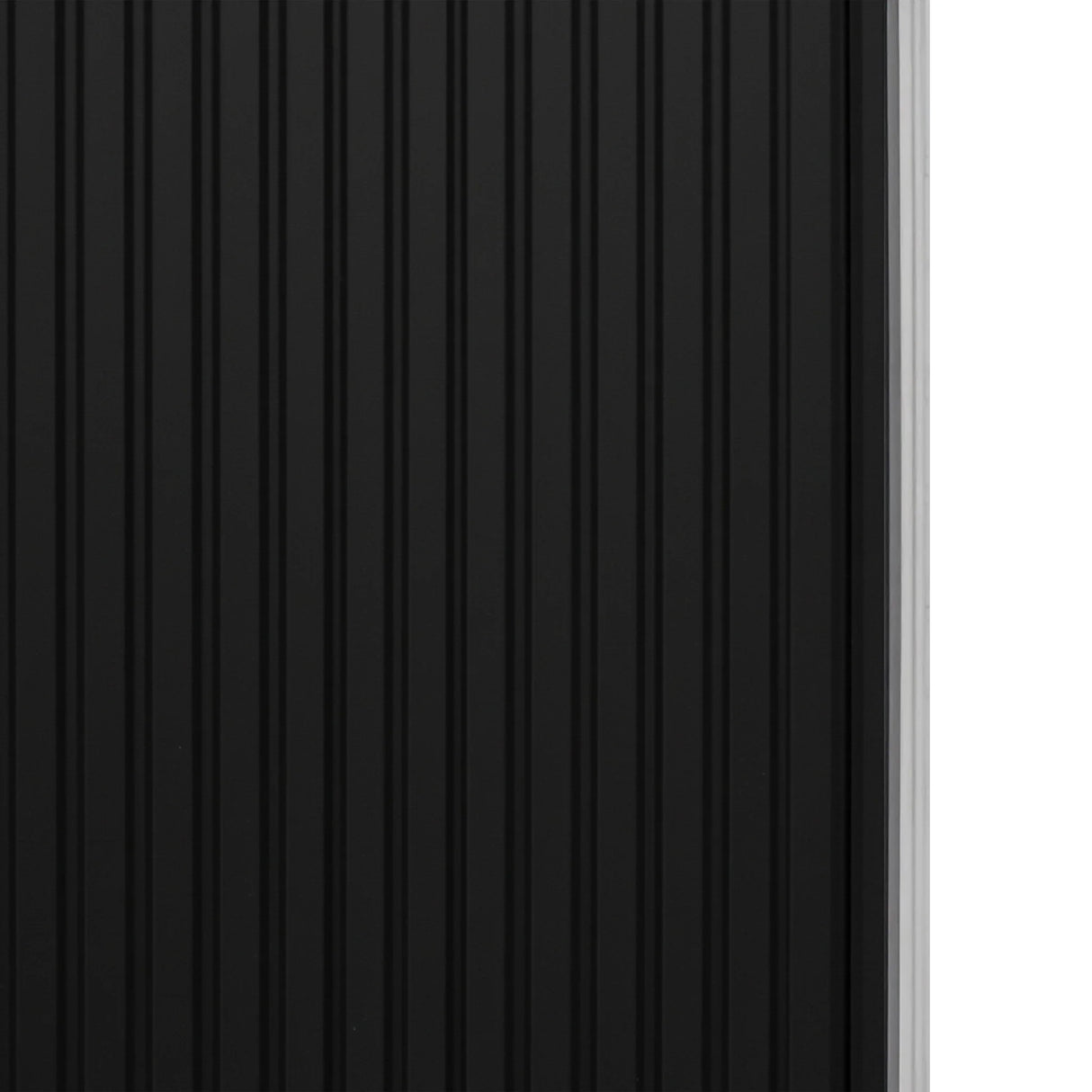 Black Tambour shower door featuring a sleek, ribbed texture and modern design, perfect for contemporary bathrooms