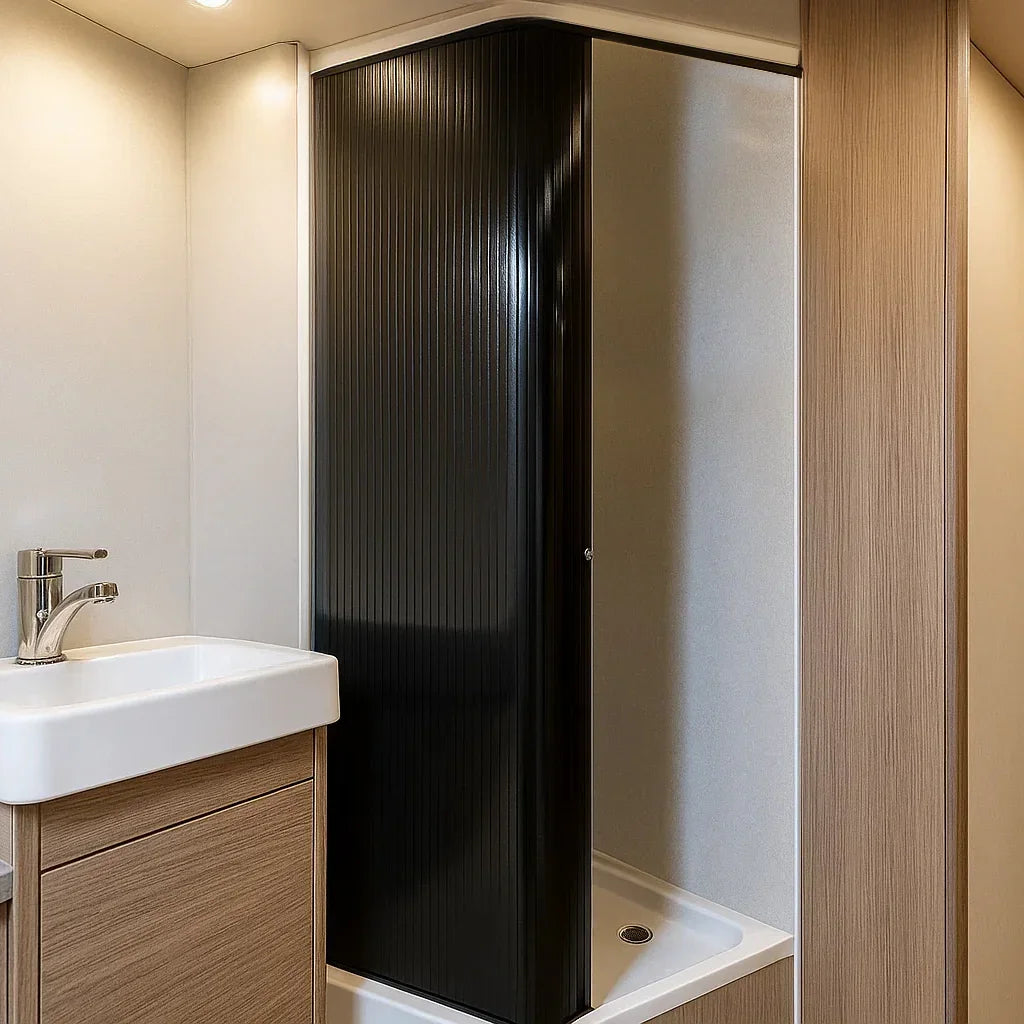 Sleek black Tambour shower door with vertical ribbing, framed in a modern bathroom setting with light wood accents and a white sink