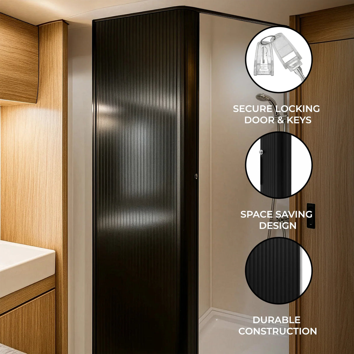Sleek black Tambour shower door featuring a secure locking mechanism, space-saving design, and durable construction in a modern bathroom setting