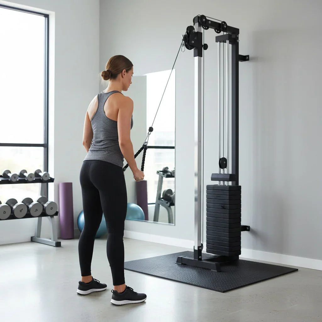 Wall mounted cable pulley machine with adjustable weights, sleek design, and user exercising in a modern gym setting