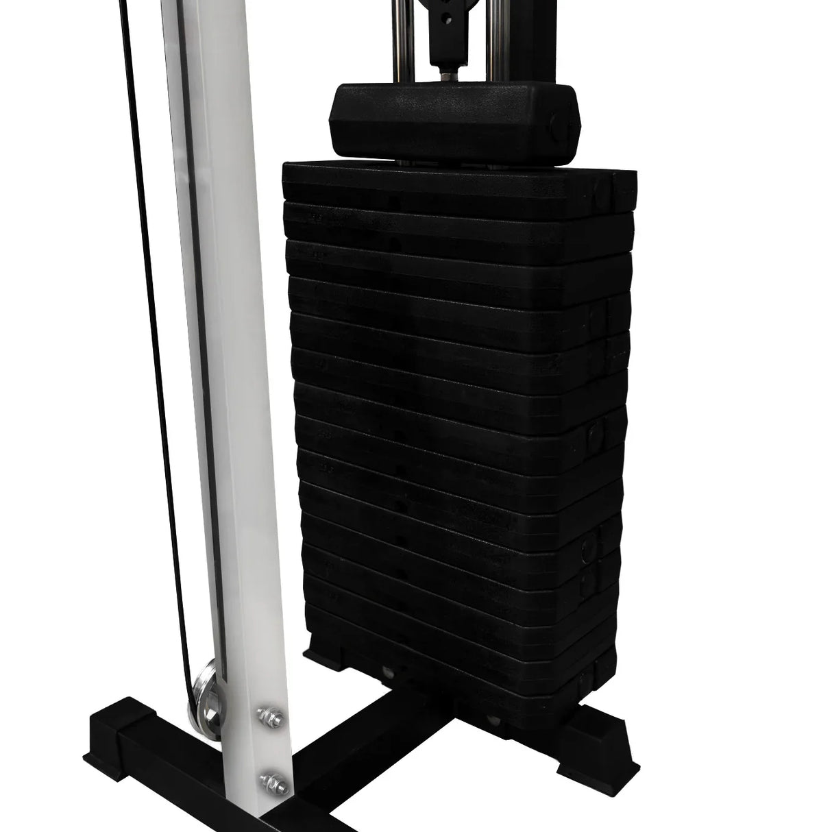 Wall mounted cable pulley machine featuring a stack of black weight plates, sturdy metal frame, and smooth pulley system for versatile workouts