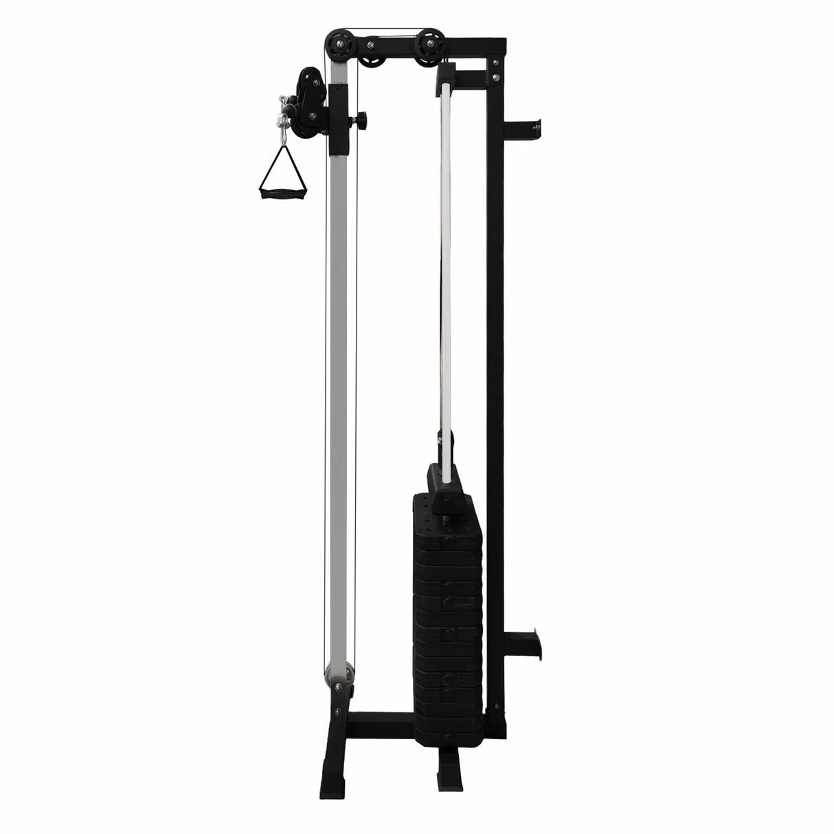 Wall mounted cable pulley machine featuring a sleek black frame, adjustable pulley system, and stacked weight plates for versatile workouts
