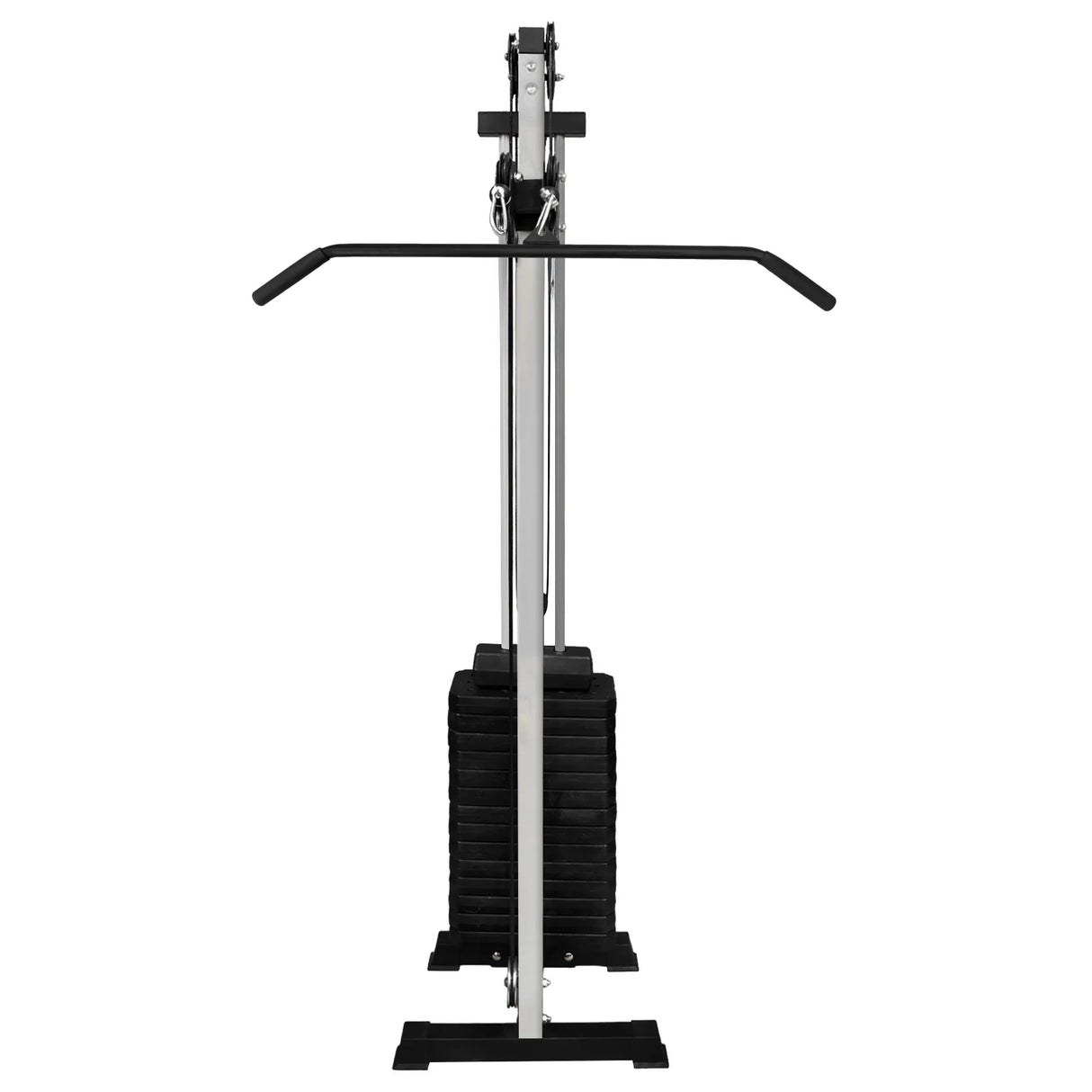 Wall mounted cable pulley machine with sleek silver frame, adjustable pulleys, and stacked weight plates for versatile workouts