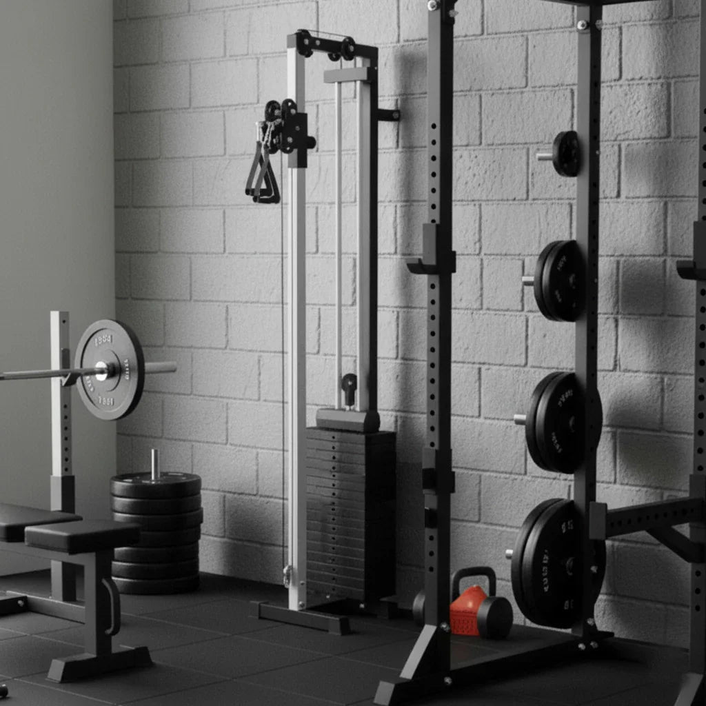 Wall mounted cable pulley machine with adjustable weights, sleek silver frame, and ergonomic handles in a modern gym setting