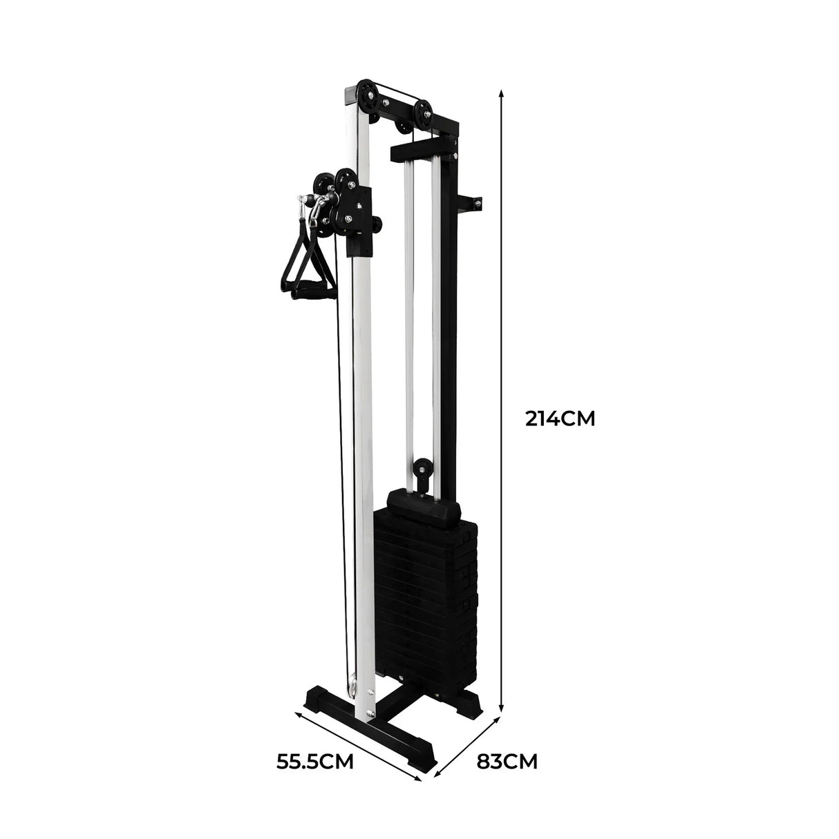 Wall mounted cable pulley machine with adjustable weights, sleek black and silver design, dimensions 214cm x 55.5cm x 83cm