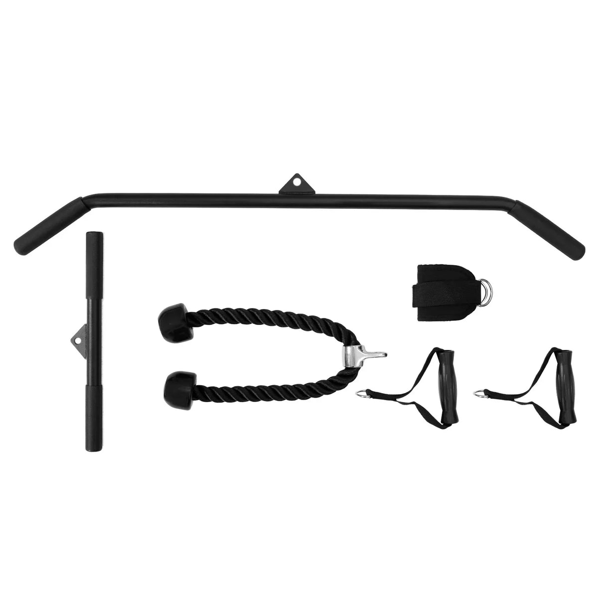Wall mounted cable pulley machine accessories including a straight bar, rope, and handles in sleek black finish for strength training
