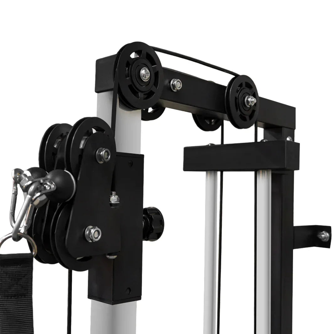Wall mounted cable pulley machine featuring sturdy black metal construction, dual pulleys, and adjustable height for versatile workouts