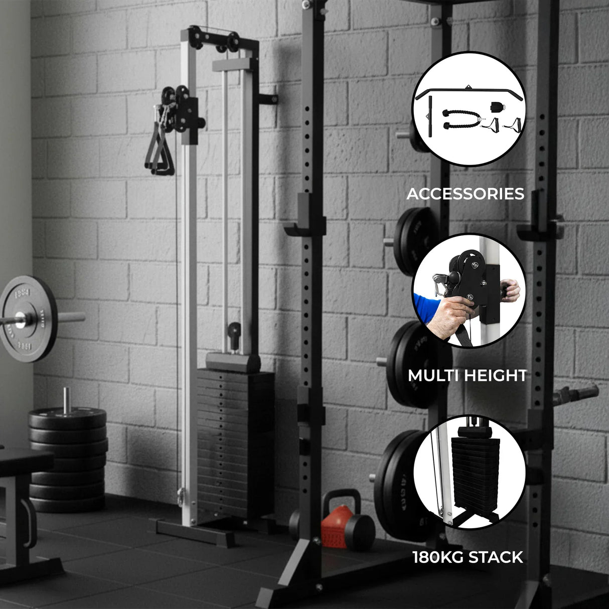 Wall mounted cable pulley machine with adjustable height, 180kg weight stack, and various accessories for versatile workouts