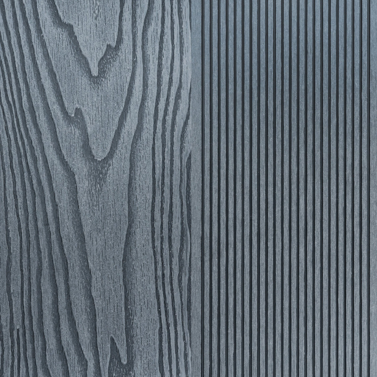 Grey composite decking boards showcasing a textured wood grain finish on one side and a ribbed pattern on the other side