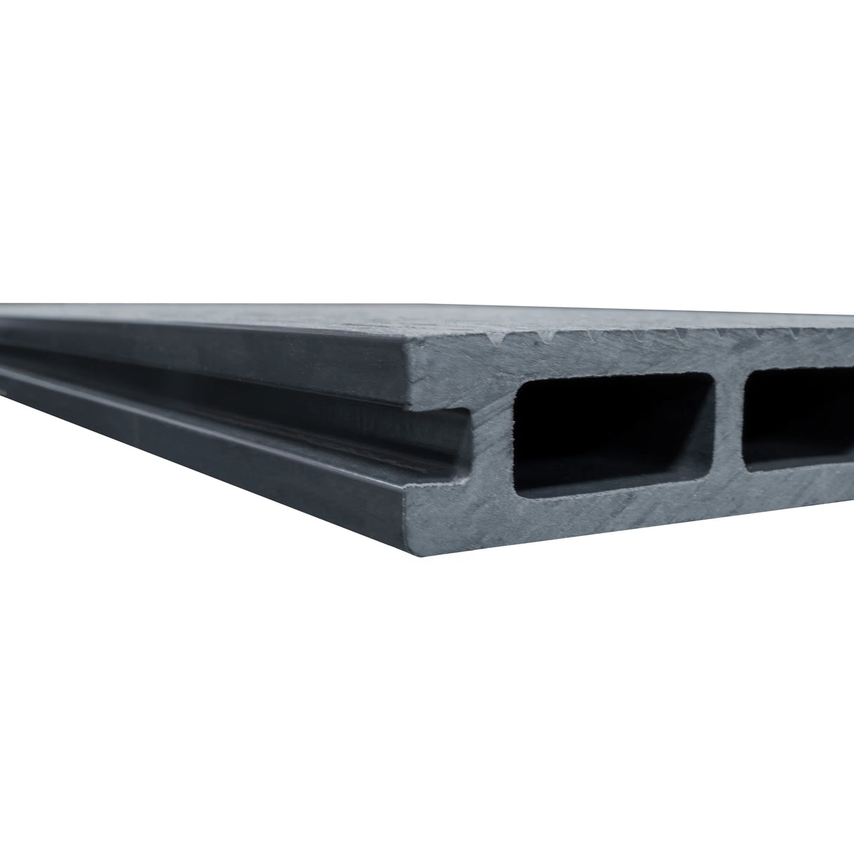 Grey composite decking boards showcasing a textured surface and hollow design, ideal for outdoor flooring projects