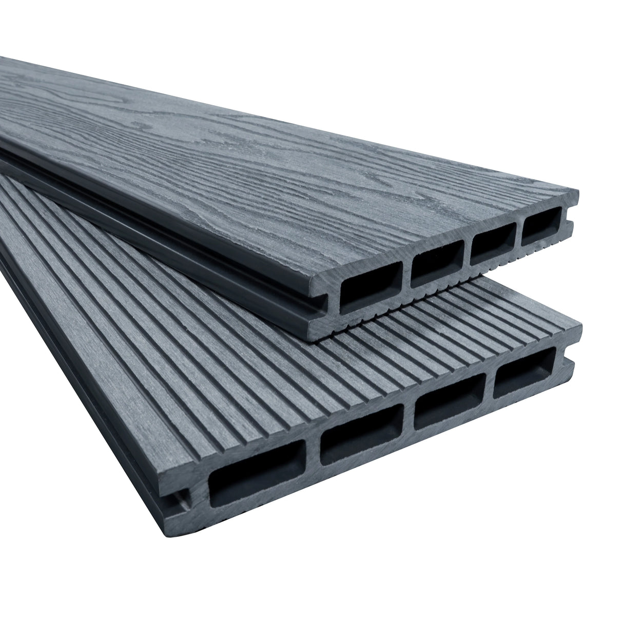 Grey composite decking boards with a textured surface, featuring grooves and hollow cores, ideal for outdoor flooring projects