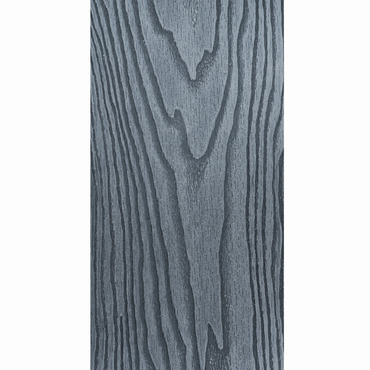 Grey composite decking board showcasing a textured wood grain pattern, ideal for outdoor flooring and durable against weather elements