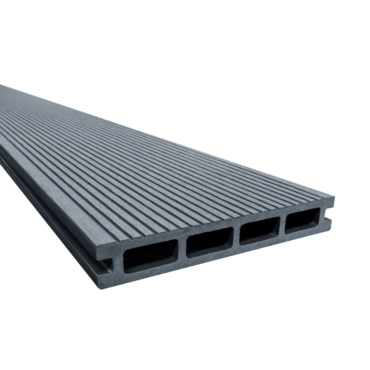 Grey composite decking board with a textured, grooved surface and hollow core, ideal for outdoor flooring and decking projects