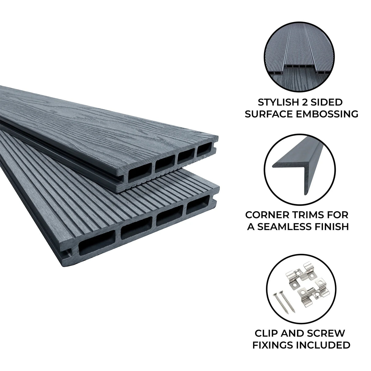 Composite decking boards in grey with stylish two-sided embossing, featuring corner trims and included clip and screw fixings