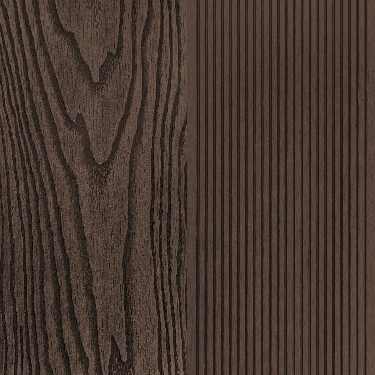 Brown composite decking boards featuring a wood grain texture on one side and a ribbed pattern on the other, ideal for outdoor use