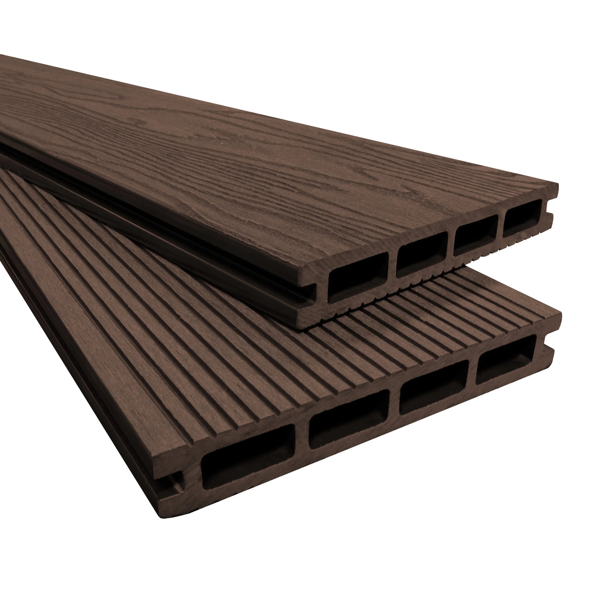Brown composite decking boards with a wood-like texture, featuring smooth and ridged surfaces, ideal for outdoor decking projects