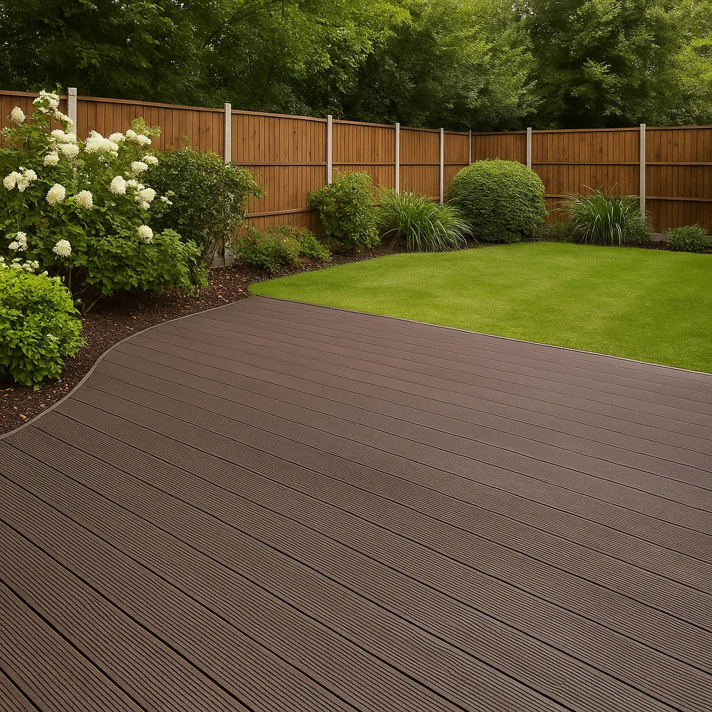 Brown composite decking boards arranged in a curved pattern, showcasing a textured surface, surrounded by lush greenery and a wooden fence