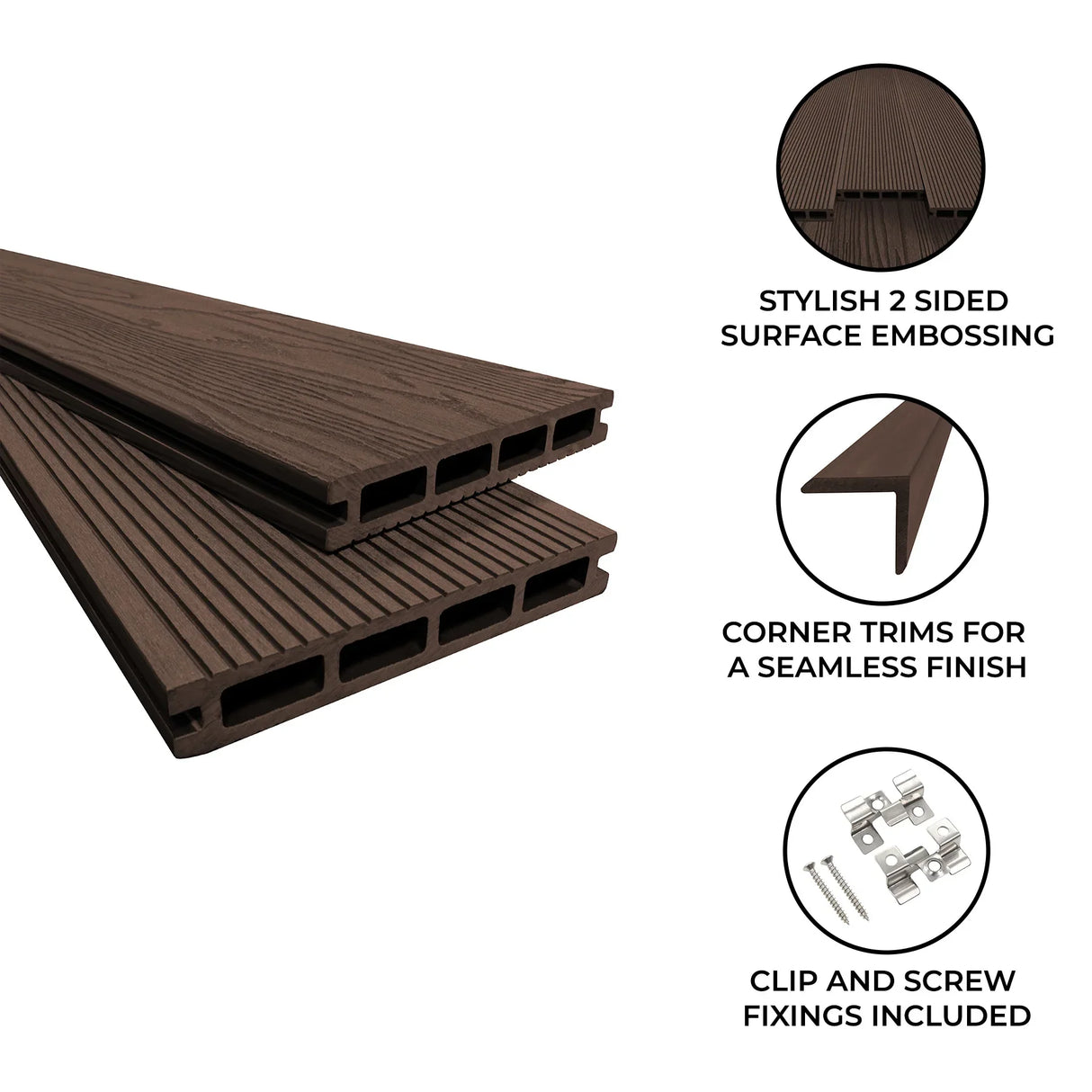 Brown composite decking boards with stylish two-sided embossing, featuring hollow cores for lightweight durability and corner trims included