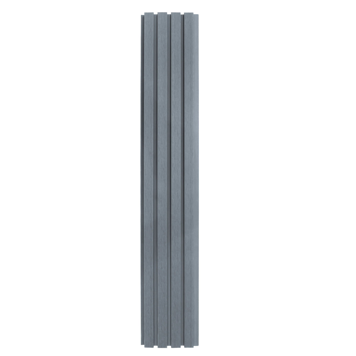 WPC slatted wall cladding in grey, featuring four sleek, vertical panels with a smooth texture and modern design for stylish interiors