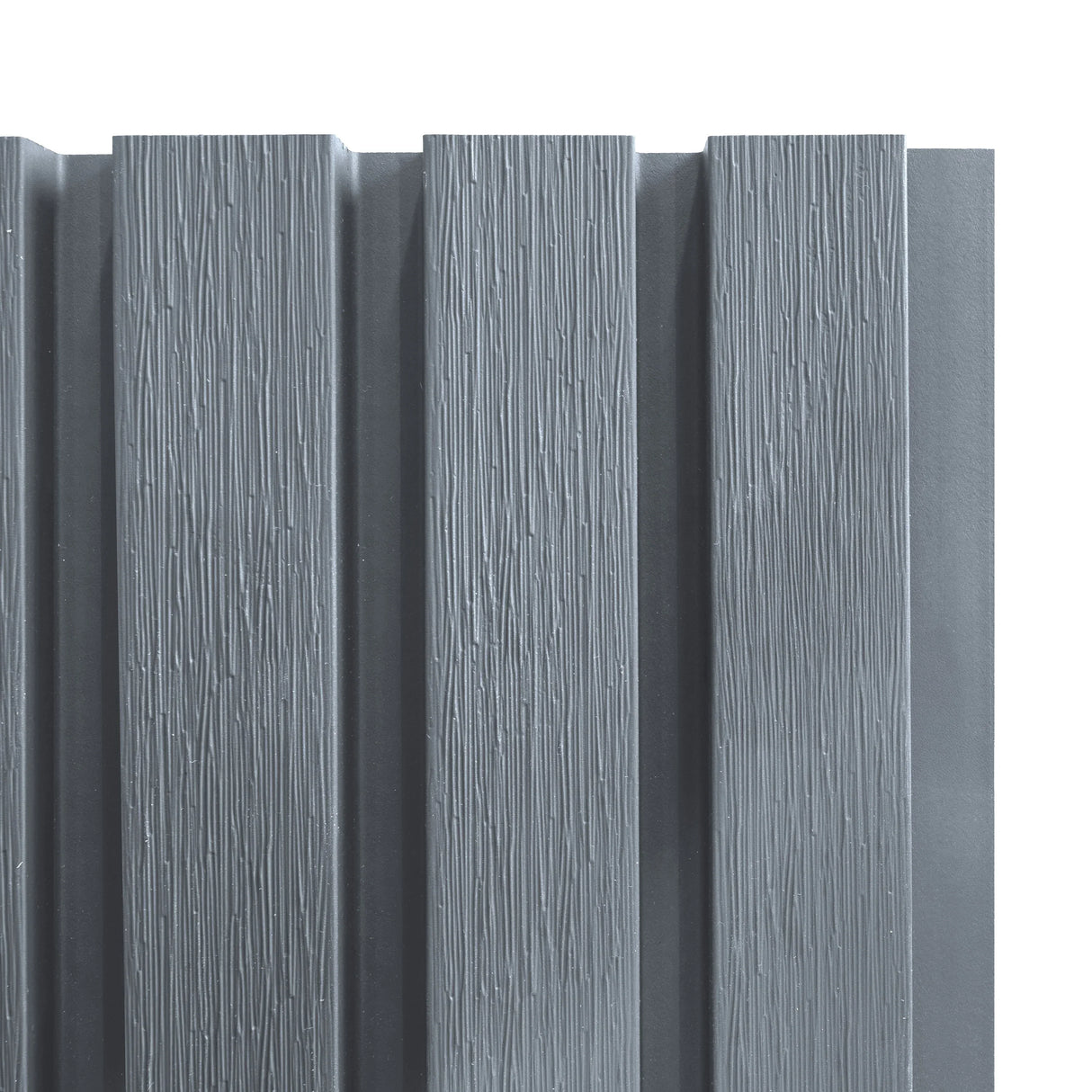 WPC slatted wall cladding panels in grey, featuring a textured wood grain finish and sleek, modern design for outdoor use