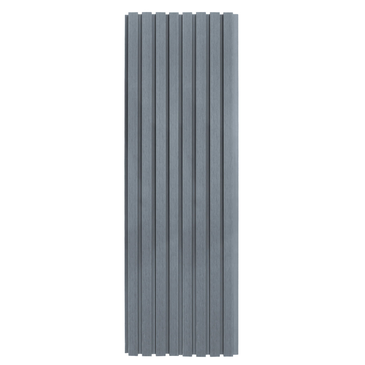 WPC slatted wall cladding panels in a sleek grey finish, featuring a textured surface and vertical slats for modern design