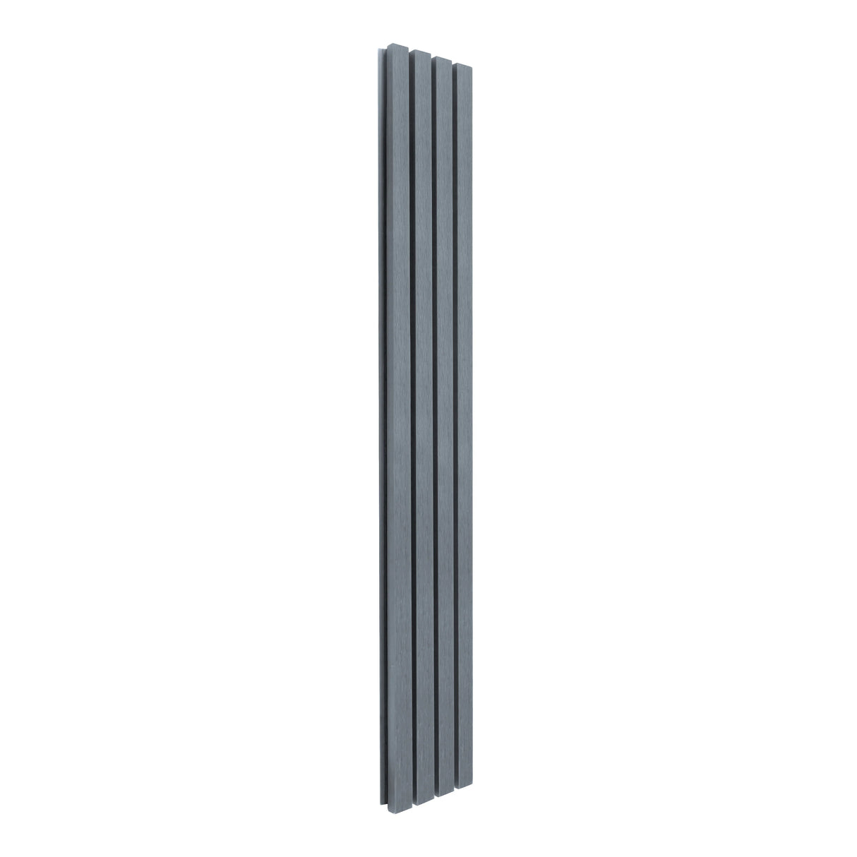 WPC slatted wall cladding panels in grey, featuring a sleek vertical design with a textured finish for modern decor