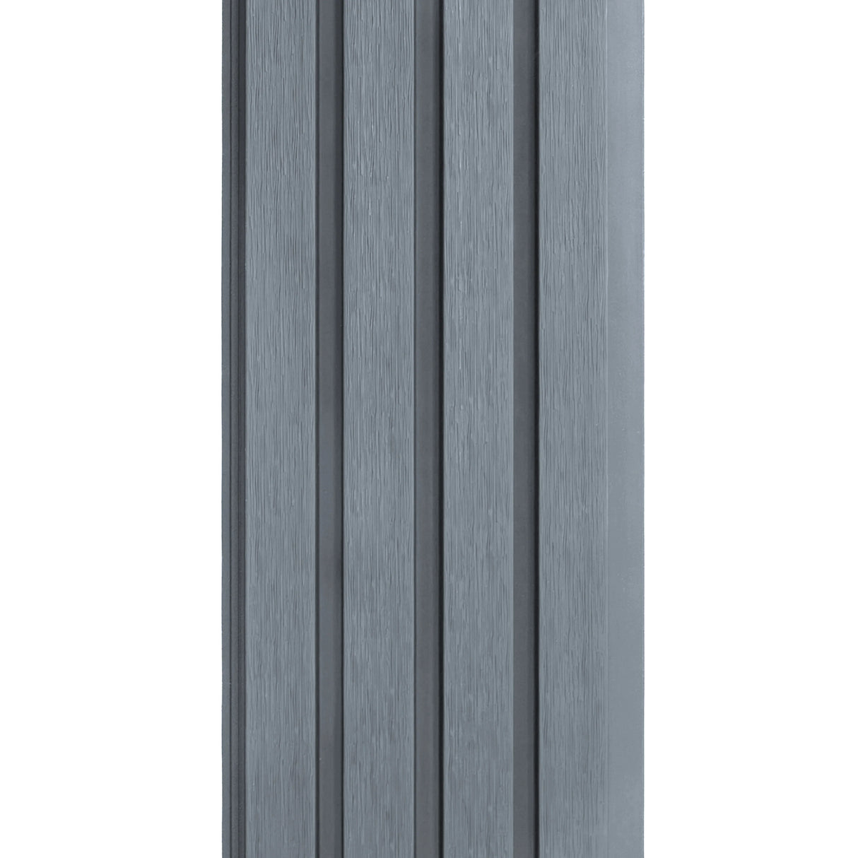 WPC slatted wall cladding panels in a sleek grey finish, featuring a smooth texture and modern design, ideal for stylish interiors