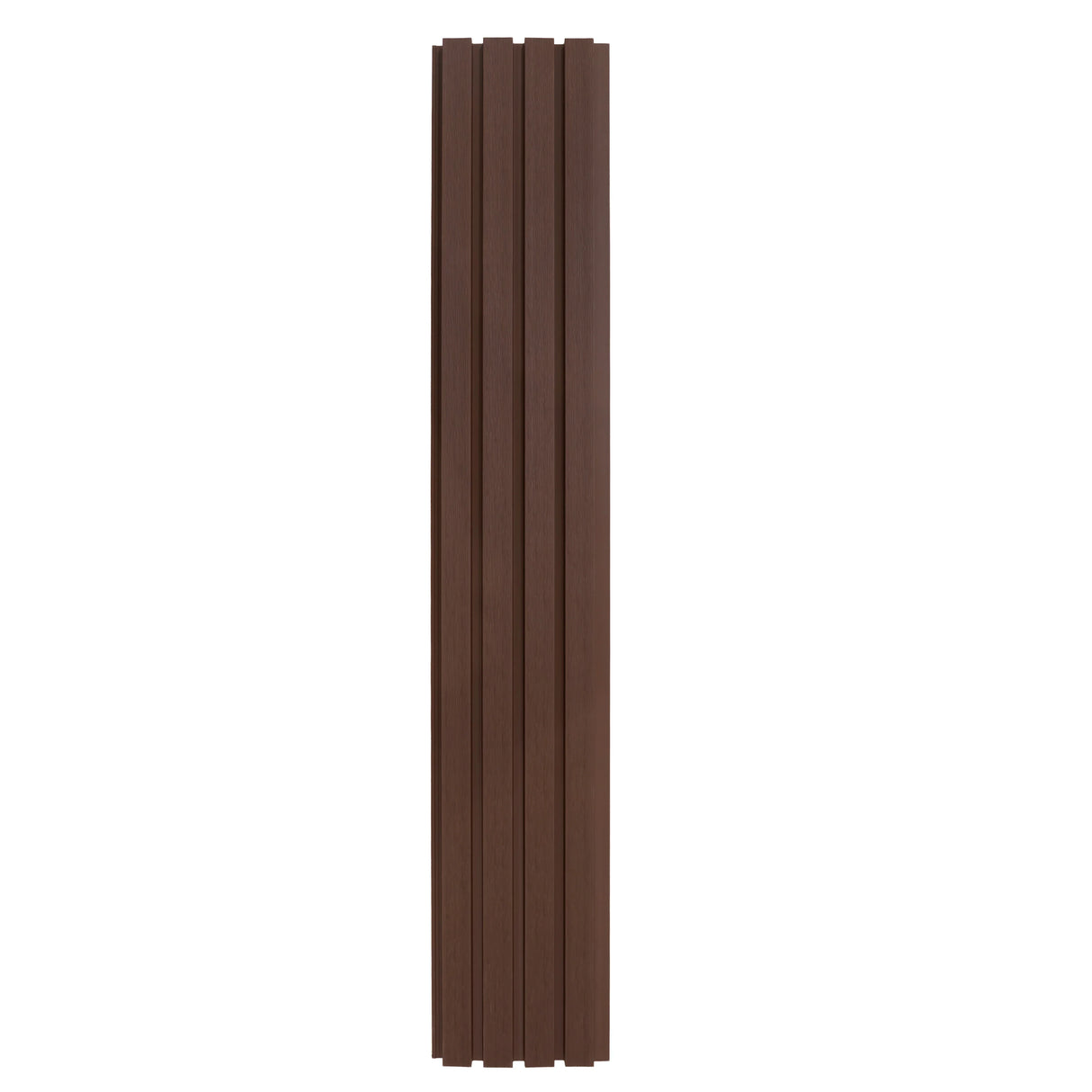 WPC slatted wall cladding panels in rich brown, featuring a smooth texture and vertical slats, ideal for modern interiors