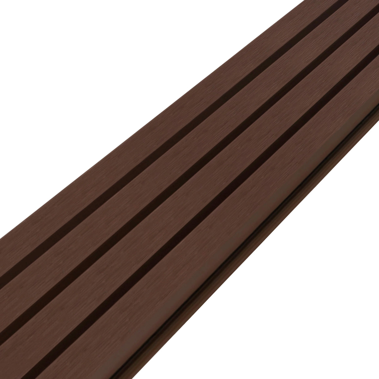 WPC slatted wall cladding panels in rich brown, featuring a smooth texture and sleek design, ideal for modern interiors or exteriors
