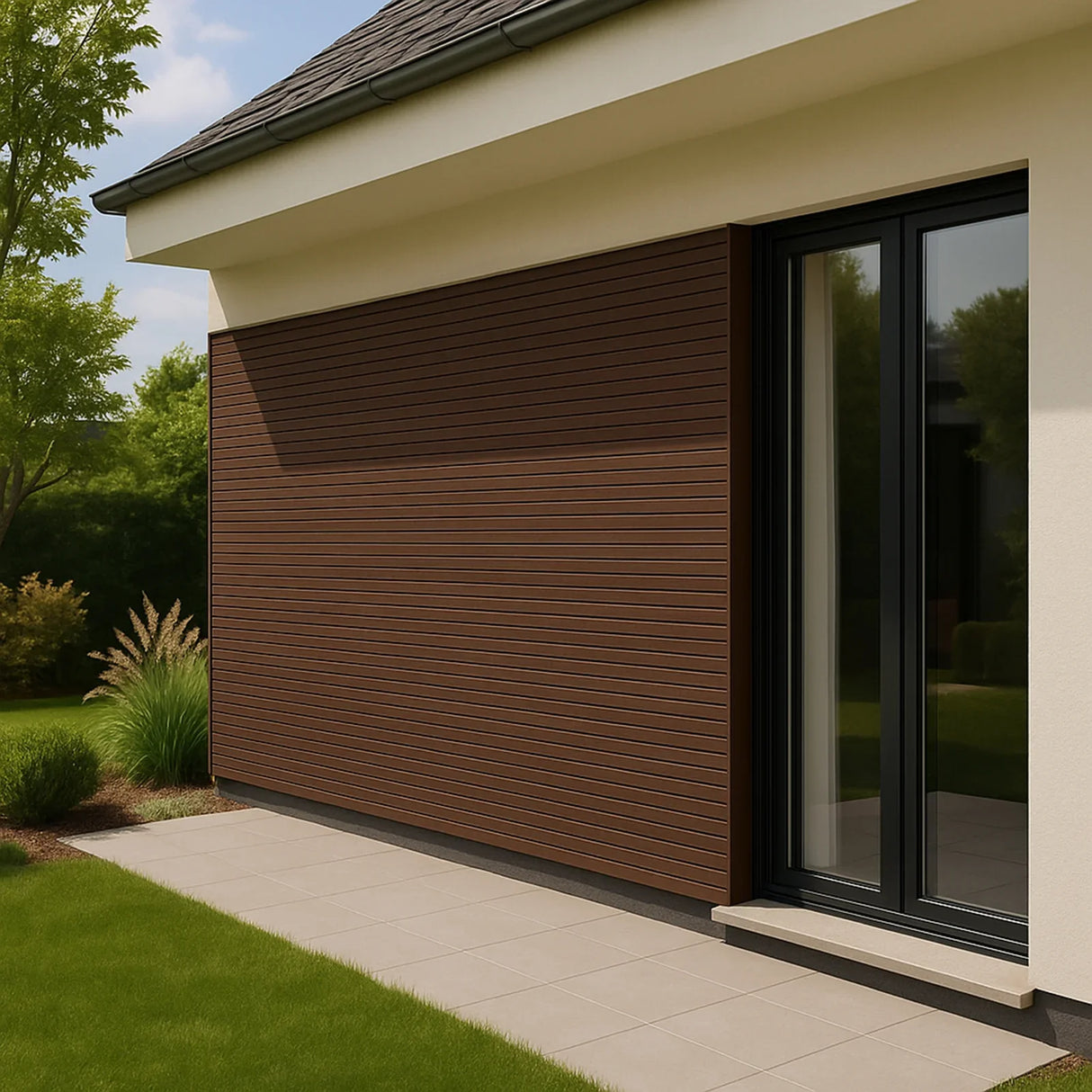 WPC slatted wall cladding panels in rich brown, showcasing a sleek, modern design, installed on a contemporary exterior wall