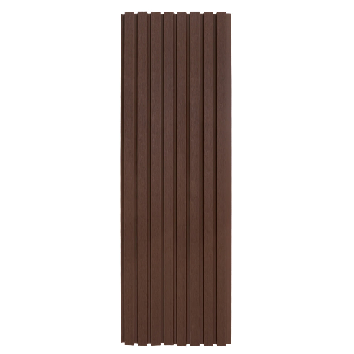 Brown WPC slatted wall cladding panel with a smooth finish and vertical grooves, ideal for modern interior or exterior design