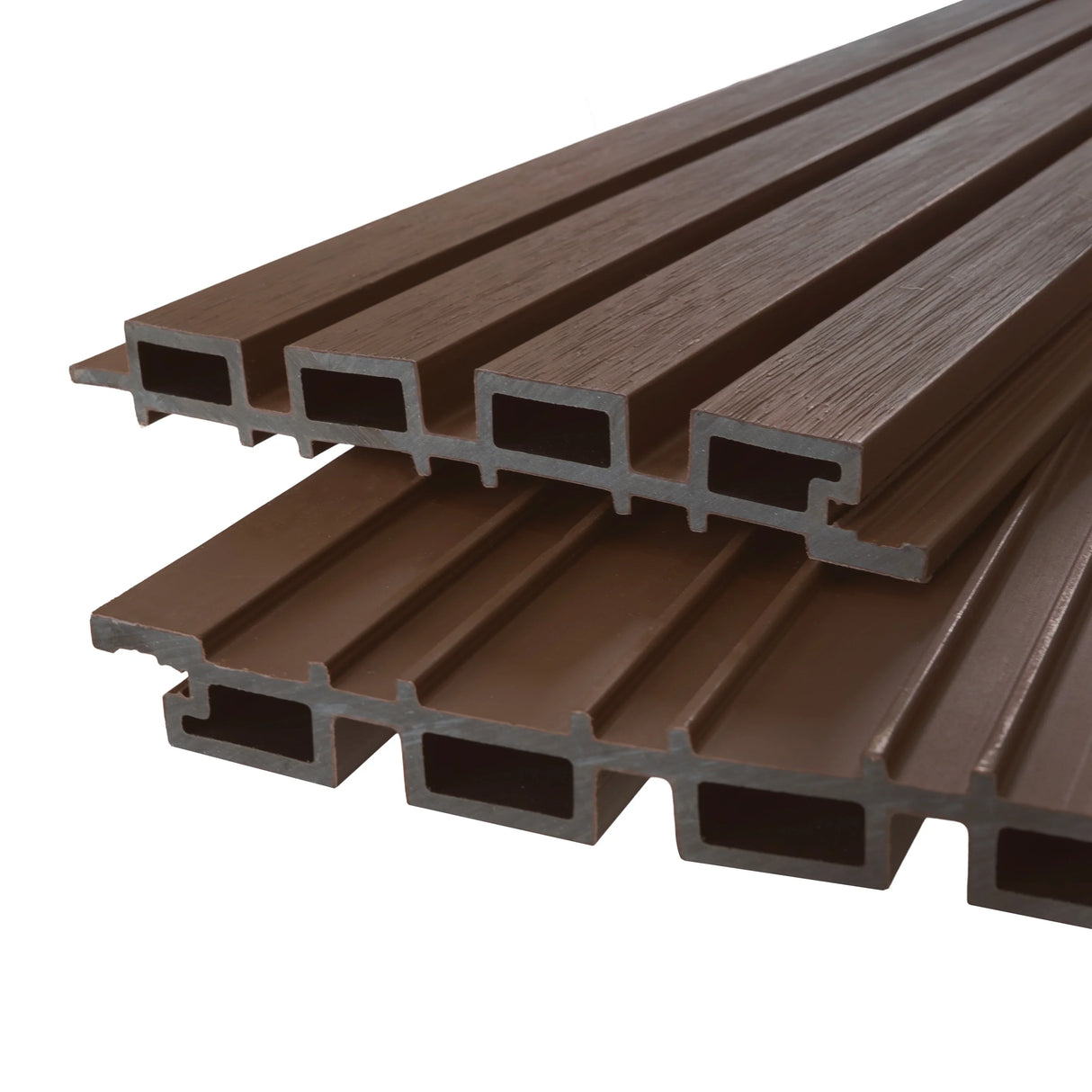 WPC slatted wall cladding panels in rich brown, featuring a textured surface and hollow design for lightweight durability and easy installation