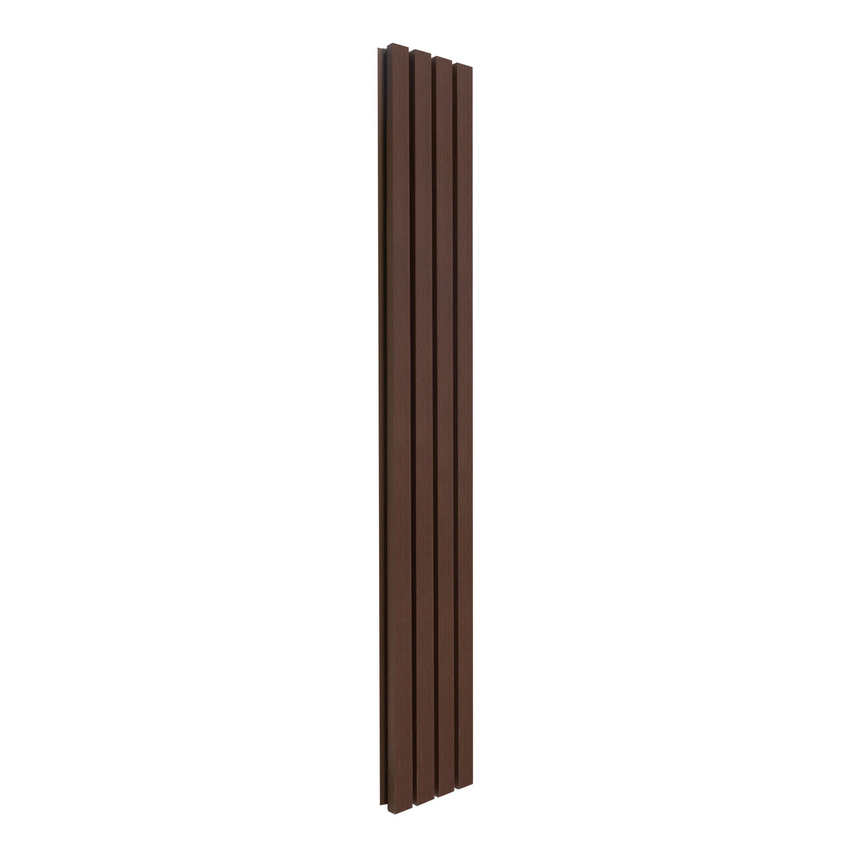 WPC slatted wall cladding in rich brown, featuring four vertical panels with a smooth texture and modern design for stylish interiors