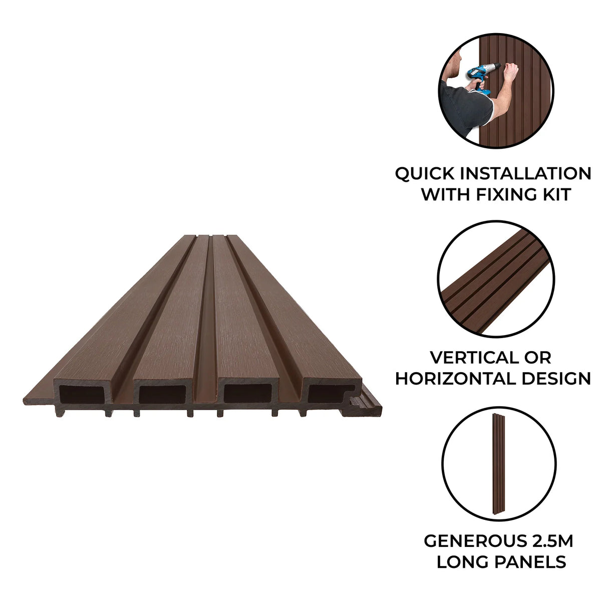 WPC slatted wall cladding panels in rich brown, featuring a textured finish, ideal for vertical or horizontal installation