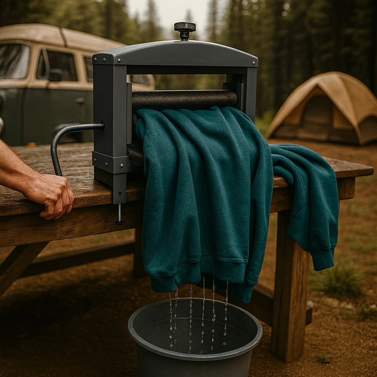 Manual hand wringer with a teal sweatshirt being squeezed, water dripping into a bucket, set in a forest campsite with a vintage van and tent in the background