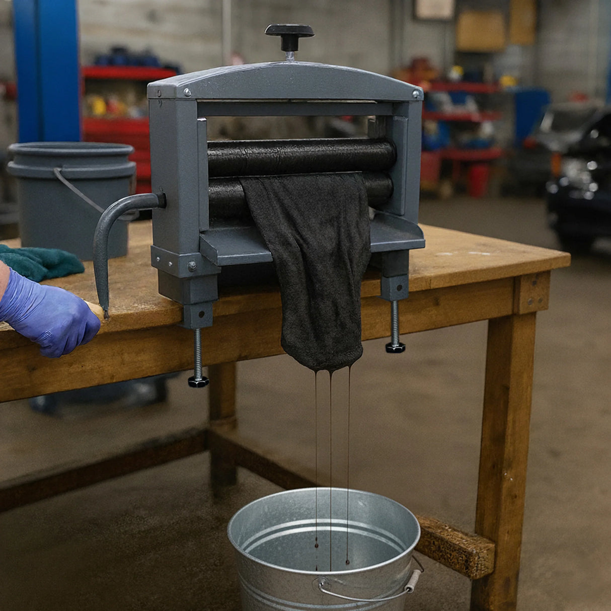 Manual hand wringer with a gray metal frame, squeezing water from a black cloth, positioned over a metal bucket on a wooden table