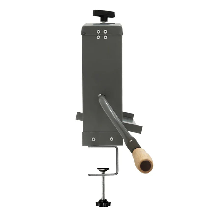 Manual hand wringer in gray metal with a wooden handle, featuring a sturdy clamp and lever for efficient water extraction