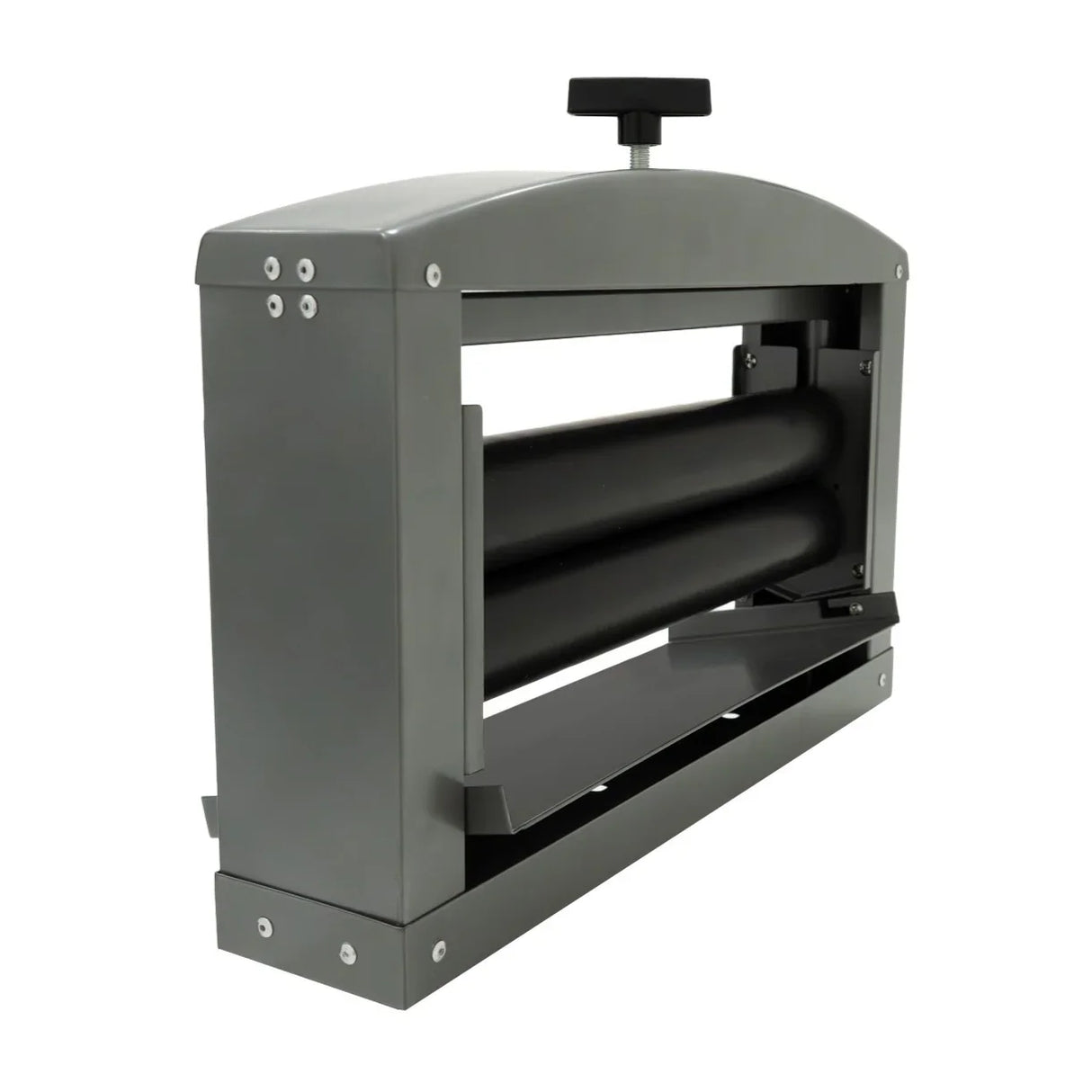 Manual hand wringer featuring a sturdy gray metal frame, two large black rollers, and an adjustable handle for efficient water extraction