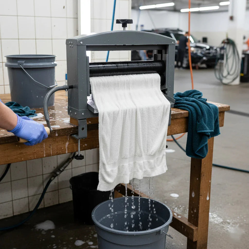 Manual hand wringer with a white towel being squeezed, draining water into a bucket on a wooden table in a clean workspace