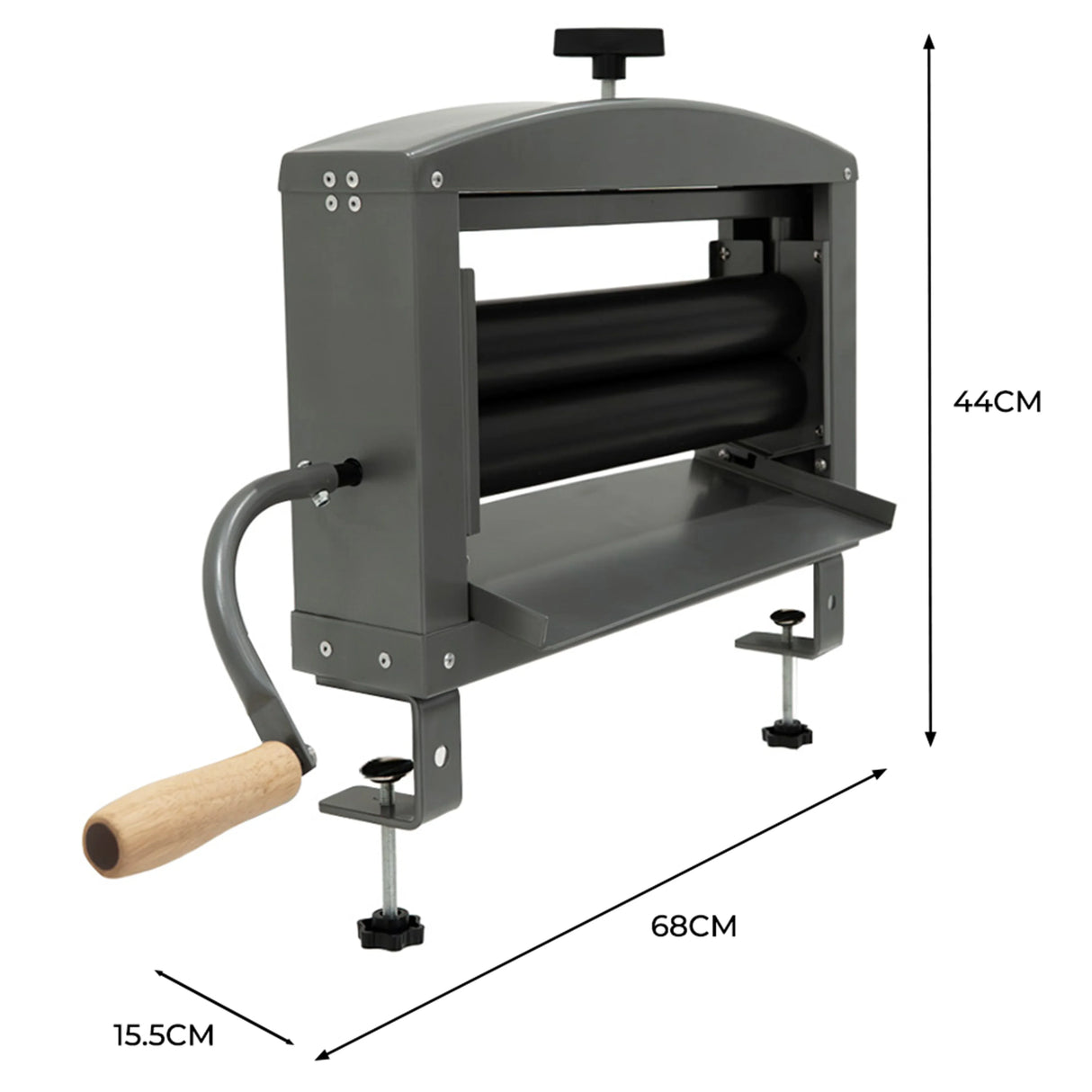 Manual hand wringer in gray with a wooden handle, featuring adjustable clamps and a sturdy metal frame for efficient water extraction