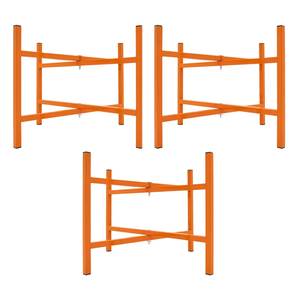 Three sturdy mortar board stands, 500mm high, featuring a bright orange finish and a durable, cross-braced design for stability