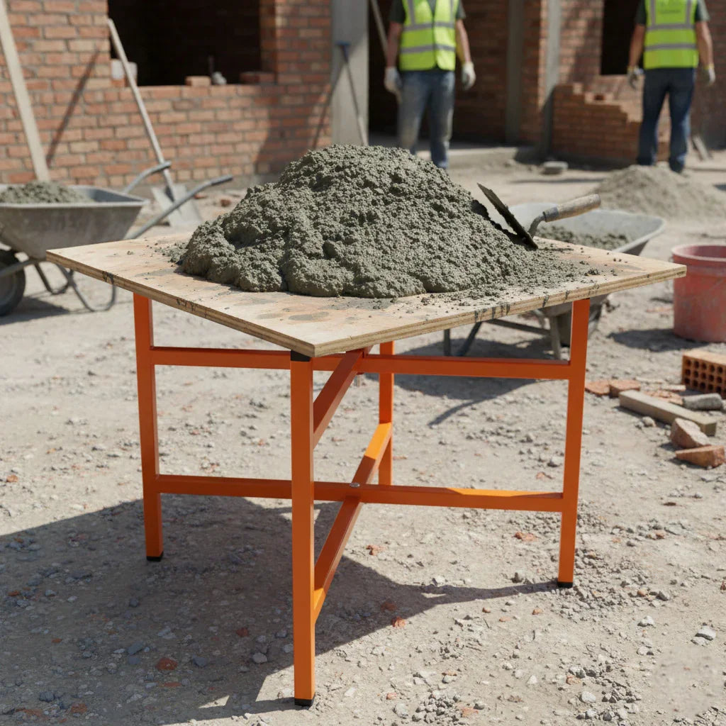 Sturdy orange mortar board stand, 500mm high, supporting a large mound of wet concrete on a construction site with workers in background