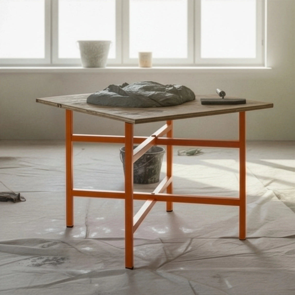 Mortar board stand with a sturdy wooden top and bright orange metal legs, set in a well-lit room with a clean, minimal backdrop