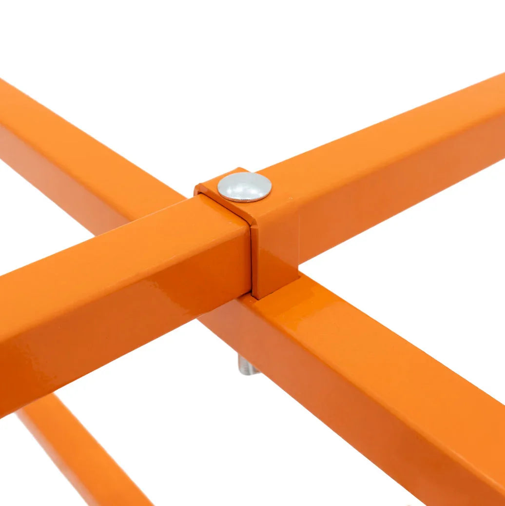 Bright orange mortar board stand featuring a sturdy metal frame with cross-bracing for stability, designed for 750mm height use