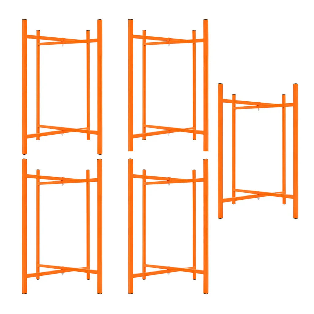 Five bright orange mortar board stands, each 750mm high, featuring a sturdy frame and crossbar design for stability and support