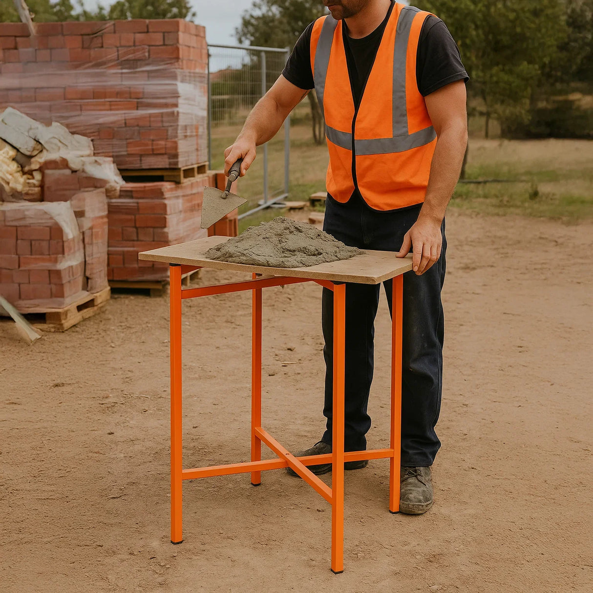 Bright orange mortar board stand at a construction site, supporting a cement mix, with a worker in a safety vest using a trowel