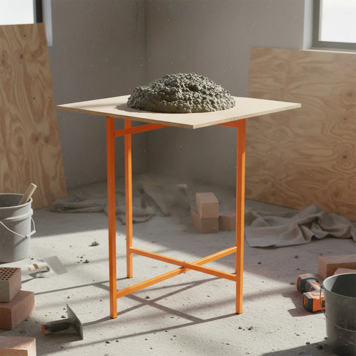 Mortar board stand in bright orange, 750mm high, supporting a mound of wet concrete on a construction site with tools and materials around