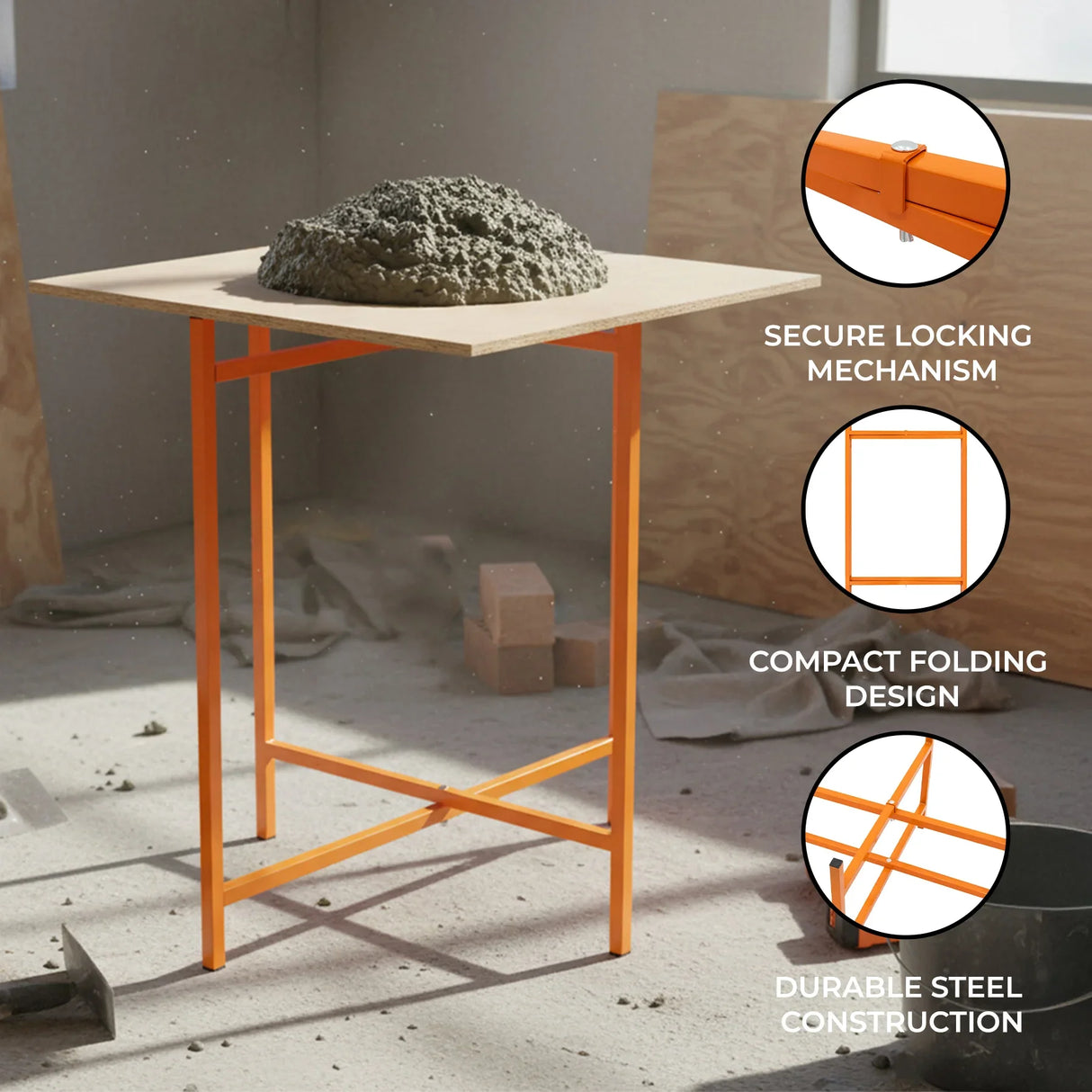 Mortar board stand in bright orange steel, featuring a sturdy top for mixing, compact folding design, and secure locking mechanism