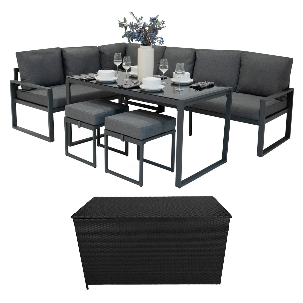 Aluminium corner sofa set in anthracite grey with plush cushions, accompanied by a black rattan storage box, perfect for outdoor lounging